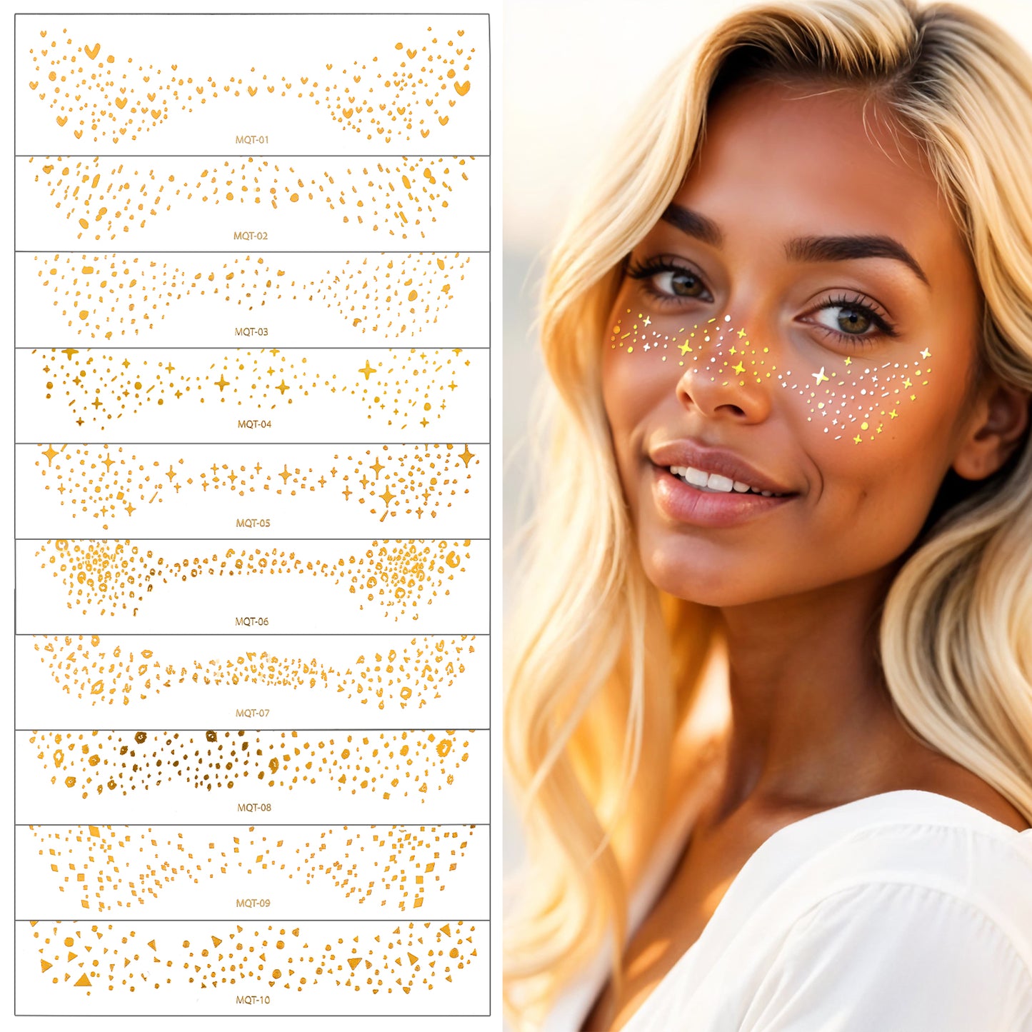 Tyqour Gold Glitter Freckles for Women Face Makeup Patches, Glitter Freckles Face Tattoo, Glitter Temporary Face Tattoos - 10 Pcs Waterproof Makeup Accessories