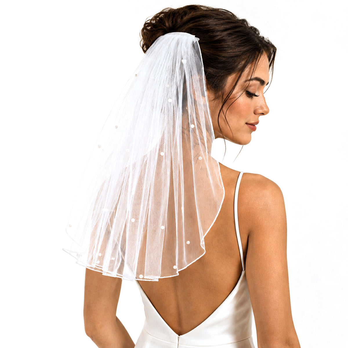 Chsoejuf Veils for Women Wedding, White Short Pearl Wedding Veil with Comb