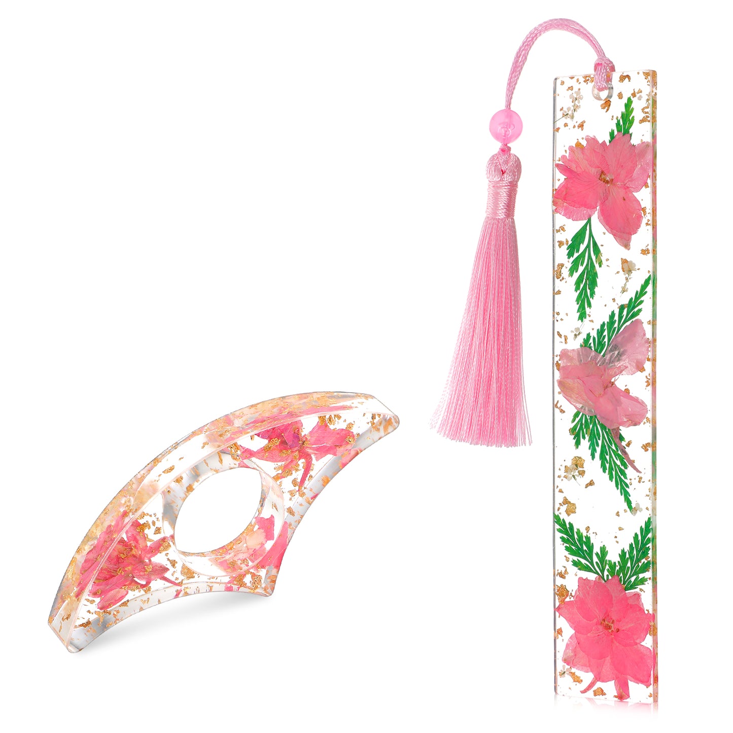 RAHHLIZS 2PCS Dried Flower Resin Bookmark Set, Personalized Bookmarks Floral with Silky Tassel & Thumb Page Holder, Pink Pressed Flower Bookmarks Gifts for Women Teachers Book Lovers