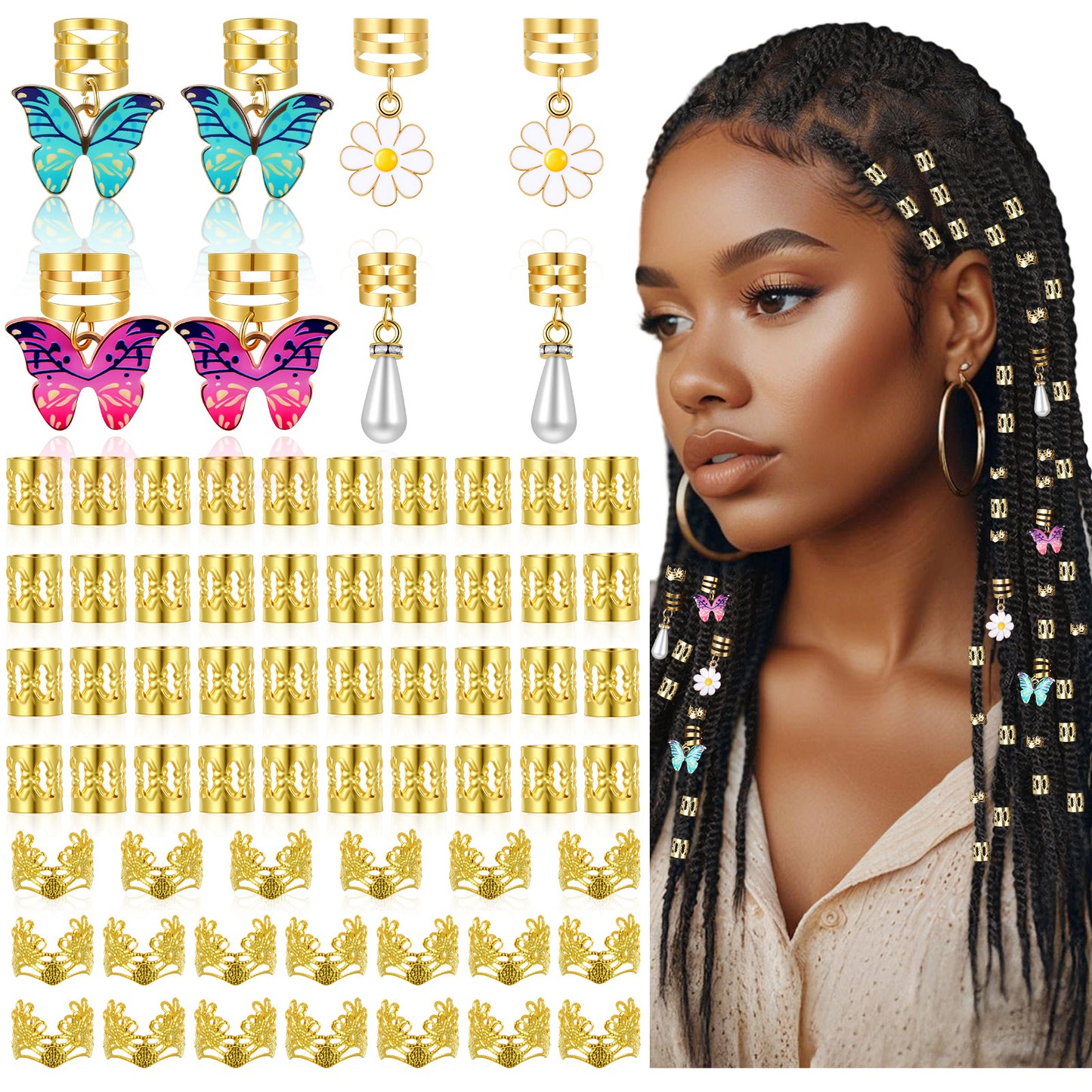 Tyqour 68pcs Gold Hair Jewelry, Loc Jewelry for Hair Dreadlocks, Gold Hairs Cuffs for Braids, Adjustable Hairs Rings Braid Clips Braid Accessories for Women Girls