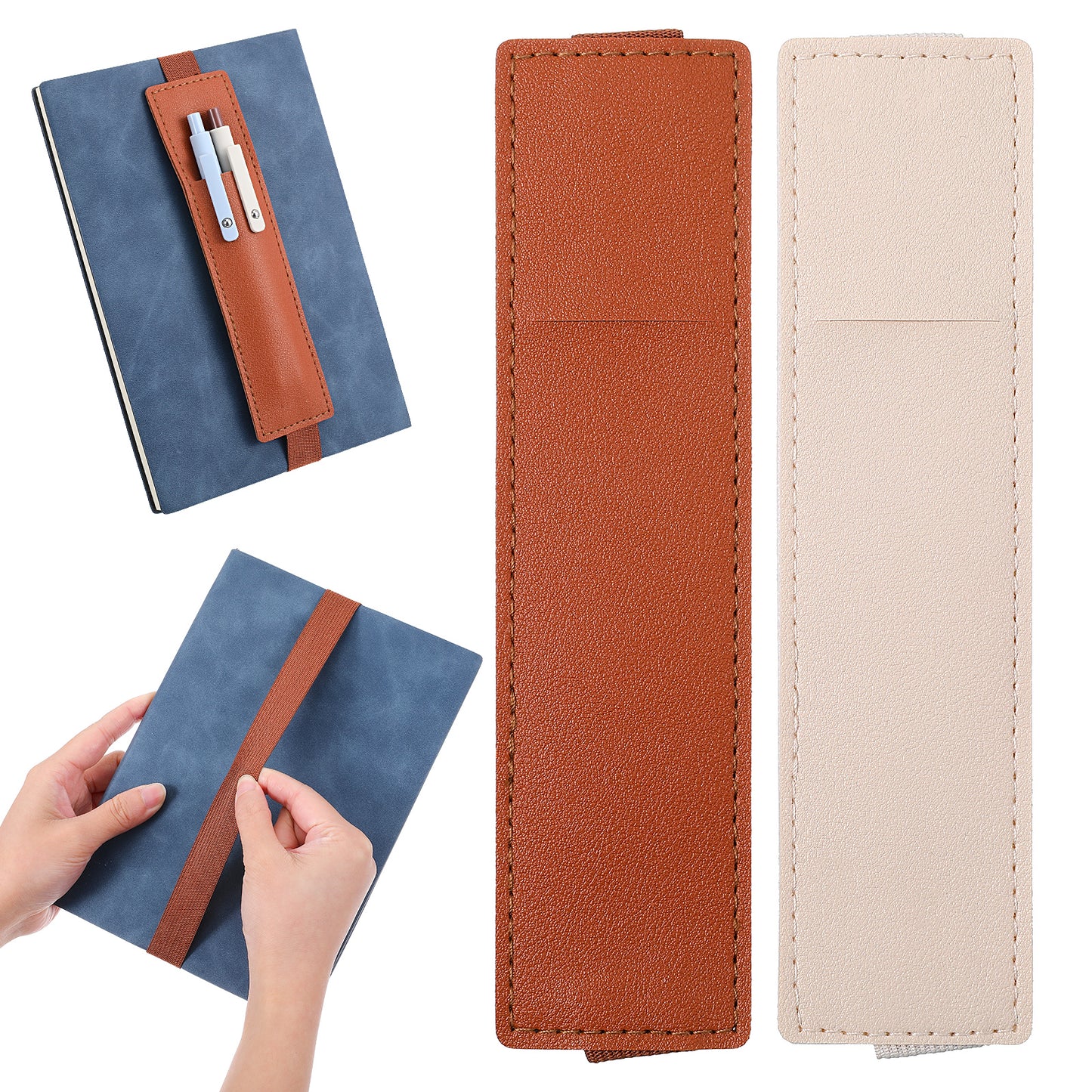Nogeqi 2 Pcs Elastic Pen Holder for Notebook Journals Planners, Elastic Band Pencil Holder, PU Leather Pen Sleeve Pouch for Hardcover Binders, Fit Notebooks from 20 to 25 cm in Height