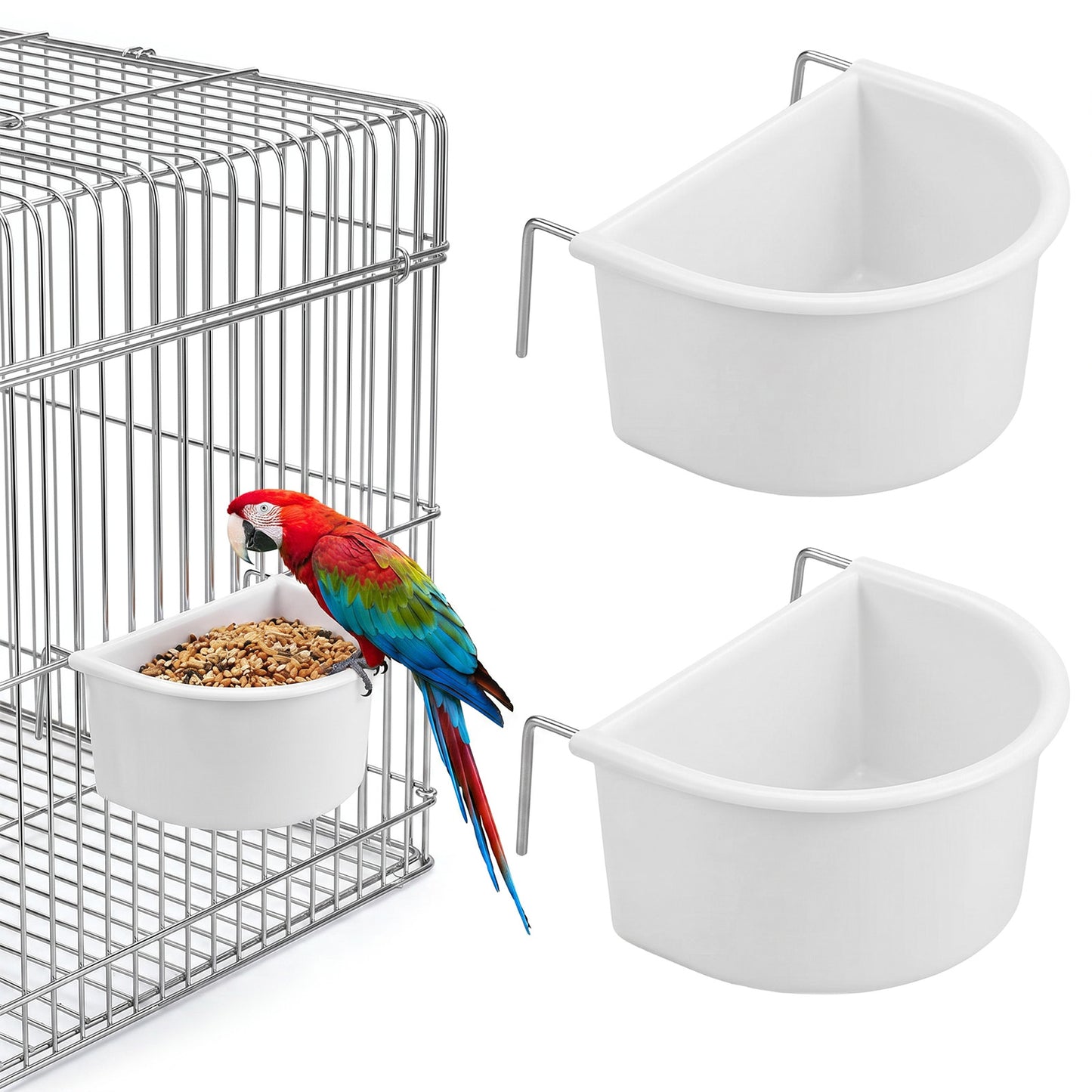 Sorcristy 2-Pack Bird Cage Feeder, Hanging Bird Food Bowl Cups Plastic Feeder with Metal Hooks Food and Water Dispenser Bowl for Small Birds Parakeet Parrots