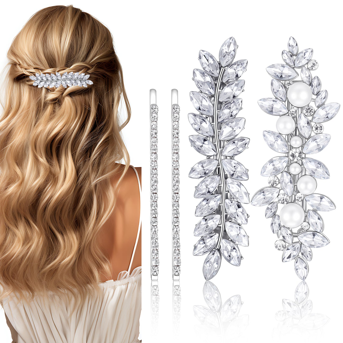 Nogeqi 4 Pcs Sparkly Crystal Fancy Hair Clip for Women, Rhinestone Hair Clips with Pearl, Silver Hair Clips, Rhinestone Barrettes for Women, Bridal Hair Accessories for Wedding, Prom