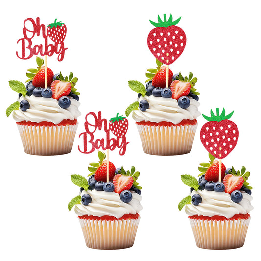 24PCS Strawberry Cupcake Toppers Glitter Strawberry Theme Baby Shower Cake Decorations Shortcake Cupcake Toppers for Sweet Fruit Kids Birthday Party Decorations