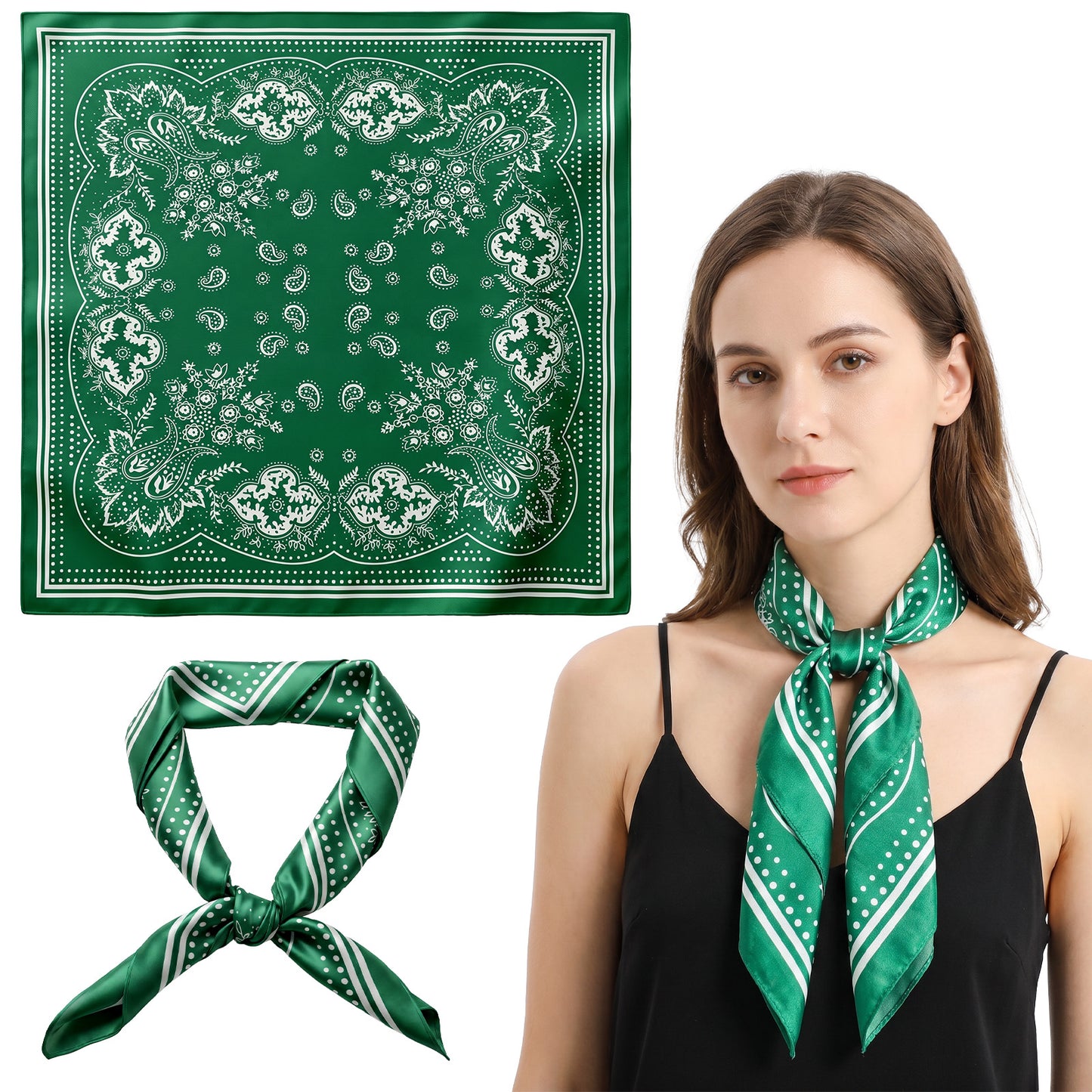 Shimmeroo Green Satin Scarf Printed Satin Silk-Like Head Scarf for Women
