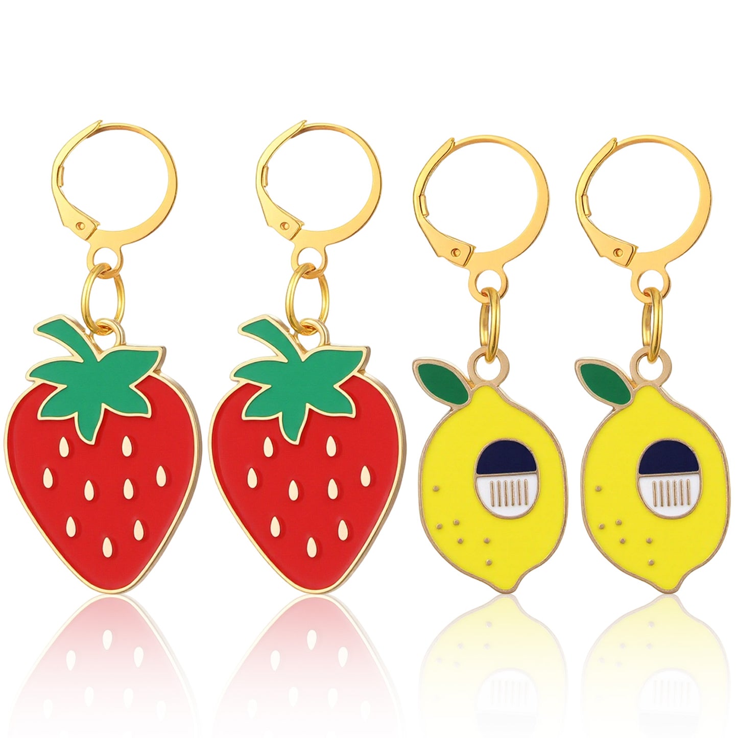 2 Pairs Enamel Lemon Strawberry Dangle Earrings, Lovely Fruit Earrings Set, Lightweight Cute Hoop Earring, Strawberry Lemon Fruit Earring for Women (Red Yellow)