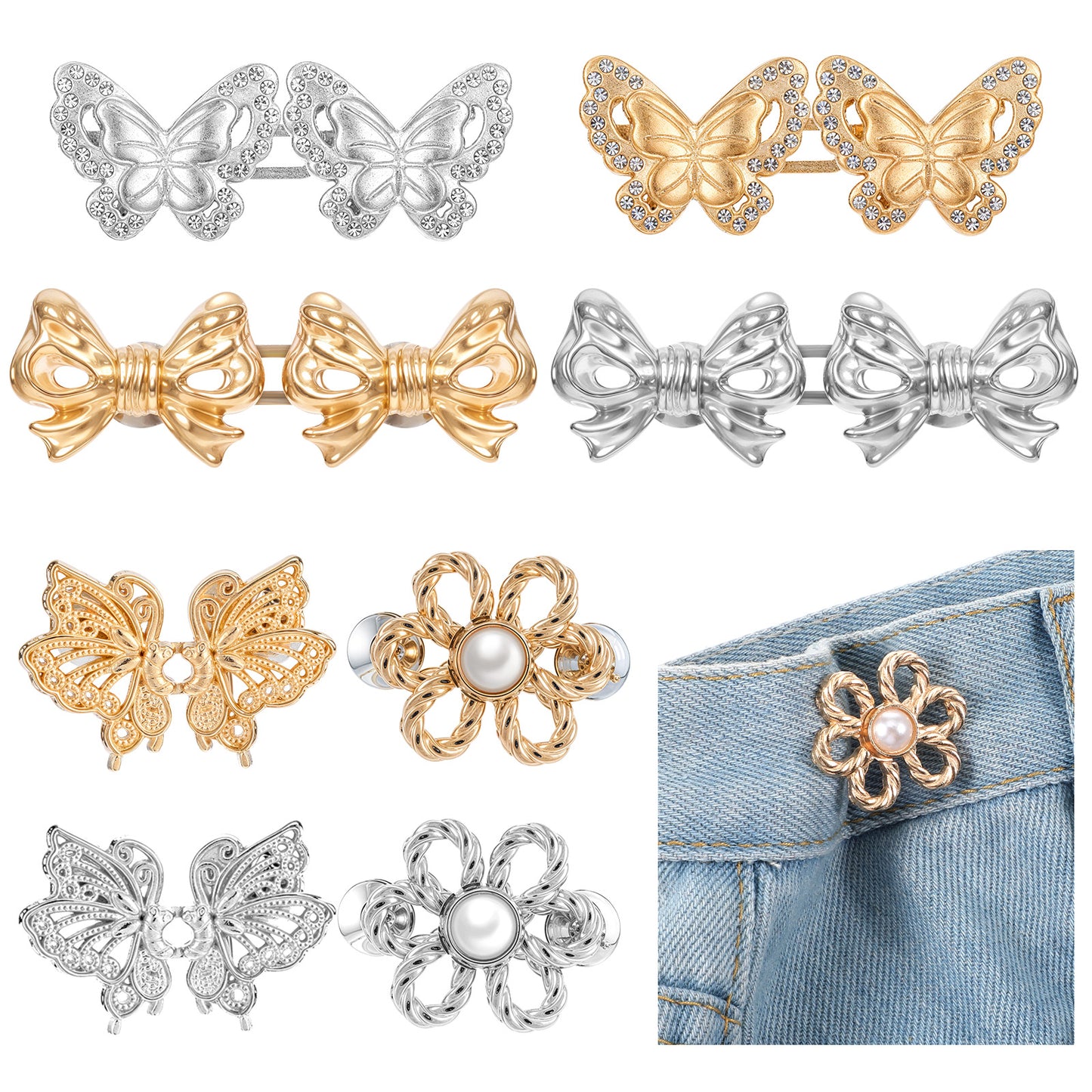 8 Sets Adjustable Pant Waist Tightener Buttons, Ymapinc Detachable Rhinestone Jeans Pin Button, Pant Waist Cincher Clip Metal Extenders Jeans Clip Buckles for Pants Too Loose Big