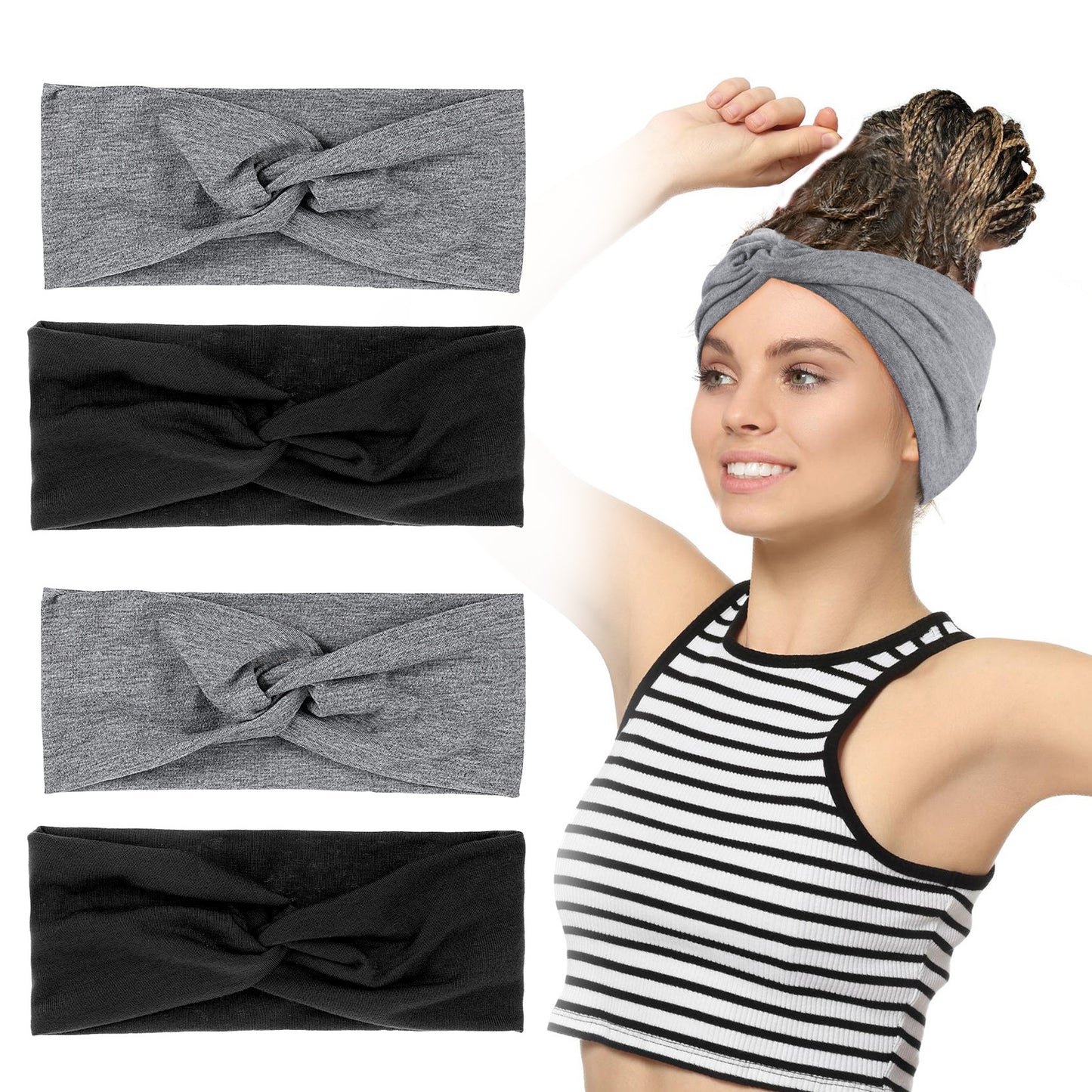 Shimmeroo 4pcs Twist Headbands for Women, Thick Elastic Knotted Headwraps, Absorbent Non-Slip Strong Elasticity Headband for Women's Yoga Exercise Everyday Wear, Pure Black Gray.