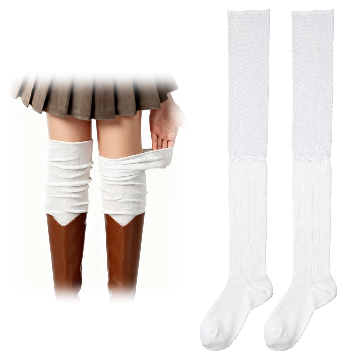 Bremorou Over Knee High Boot Socks Slouch Top Over Knee Knit Fashion Thigh Sock Long Slouch Socks Leg Warmers White Thigh High Stockings For Boots White Women's