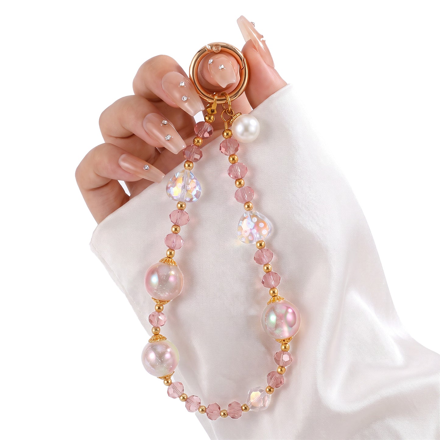 Bnehmb Glitter Pink Phone Charm Crystal Beaded Phone Wrist Strap for Women