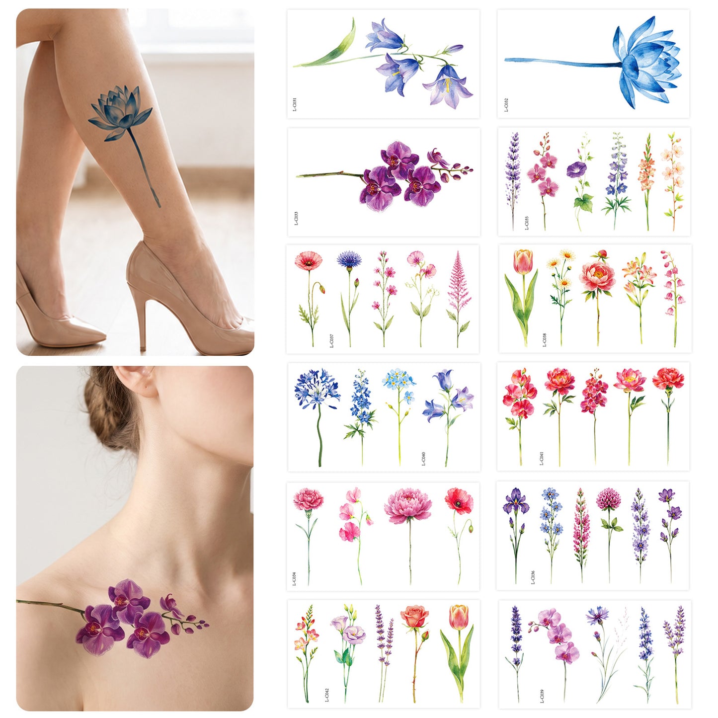 Matwsec 48-Sheet Flower Temporary Tattoos Adults Tattoo Stickers Watercolor