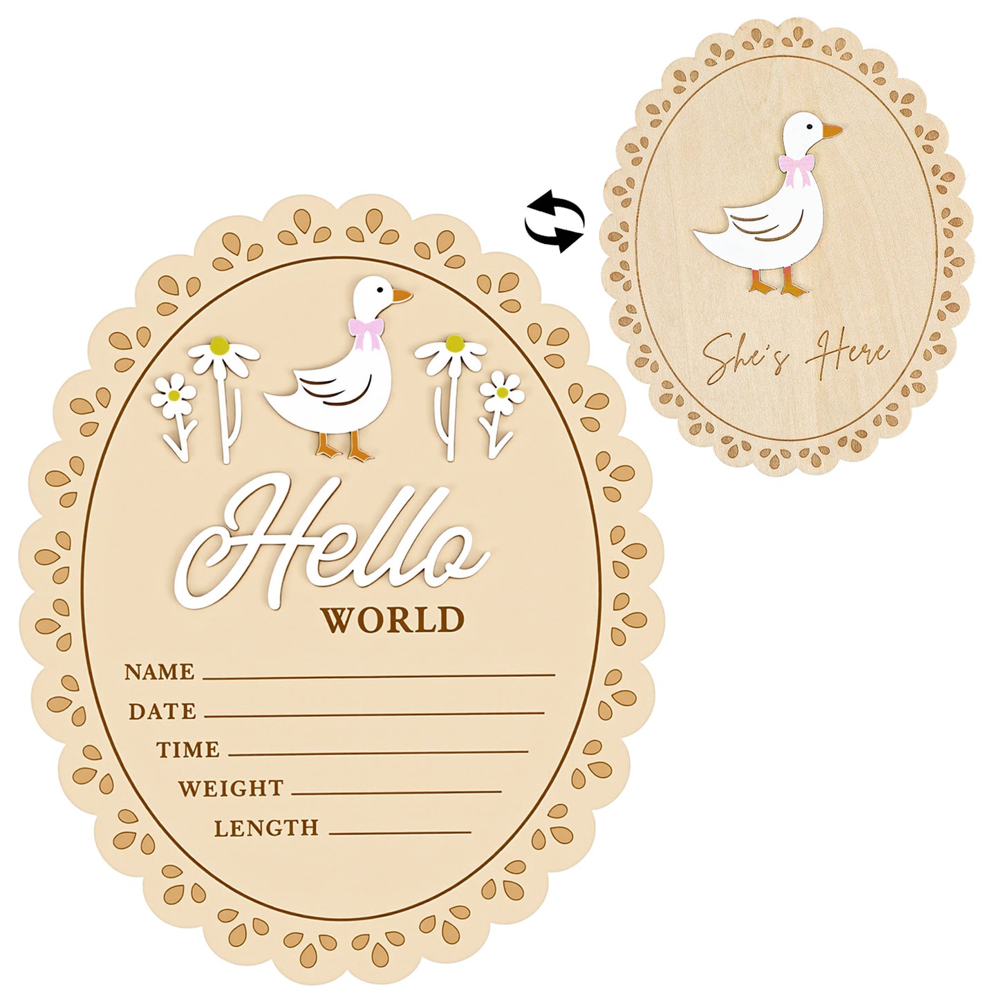 Nogeqi Wood Baby Announcement Sign, Hello World Newborn Sign, Baby Name Sign, Babies Nursery Decor Name Plaques for Hospital Newborns Show Photo Prop Newborns Souvenirs(Daisy Goose)
