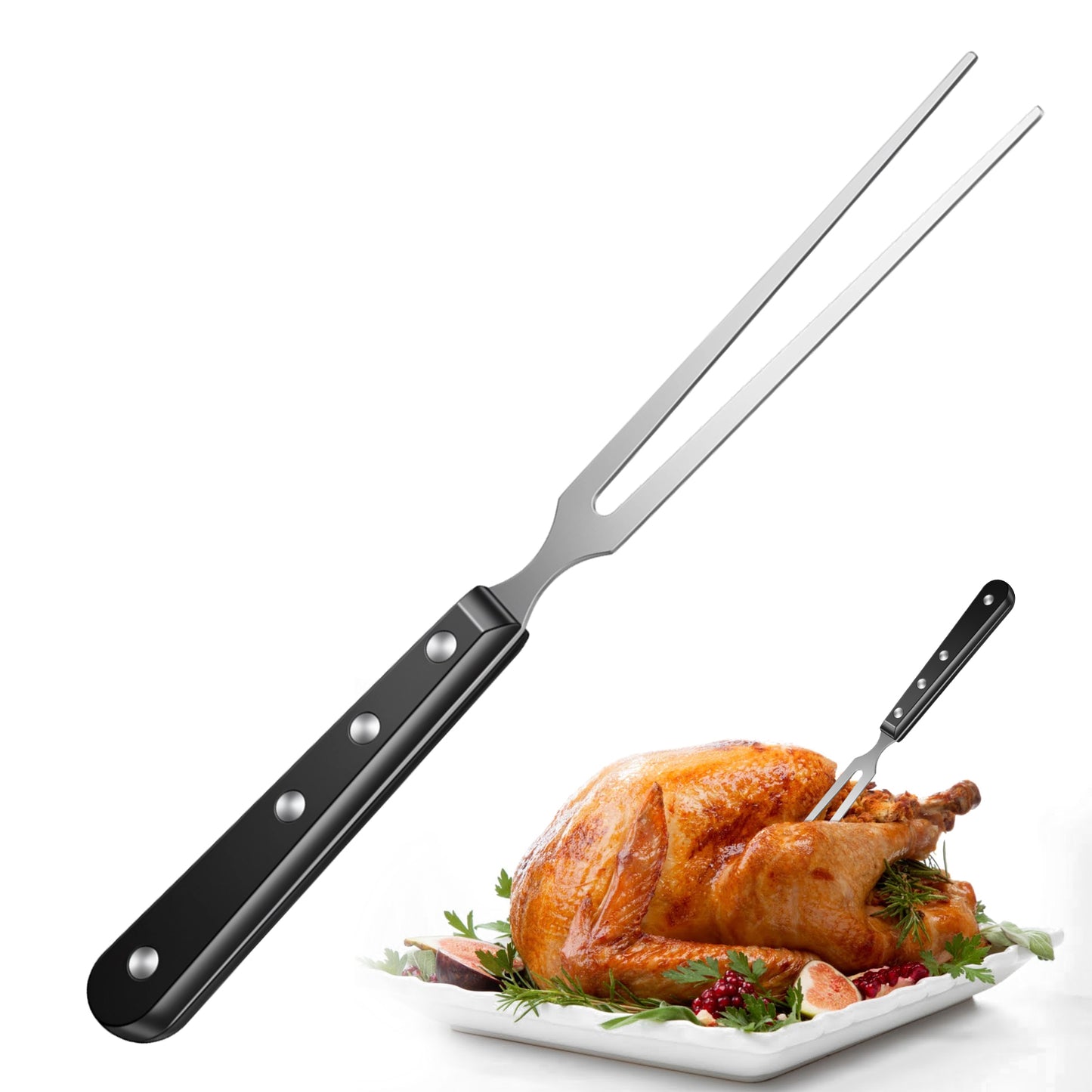 Meat Carving Cooking Fork - Heavy Duty Stainless Steel Two Prong Fork for BBQ, 11 Inch Long Metal Cooking Forks for Grilling with Wooden Handle