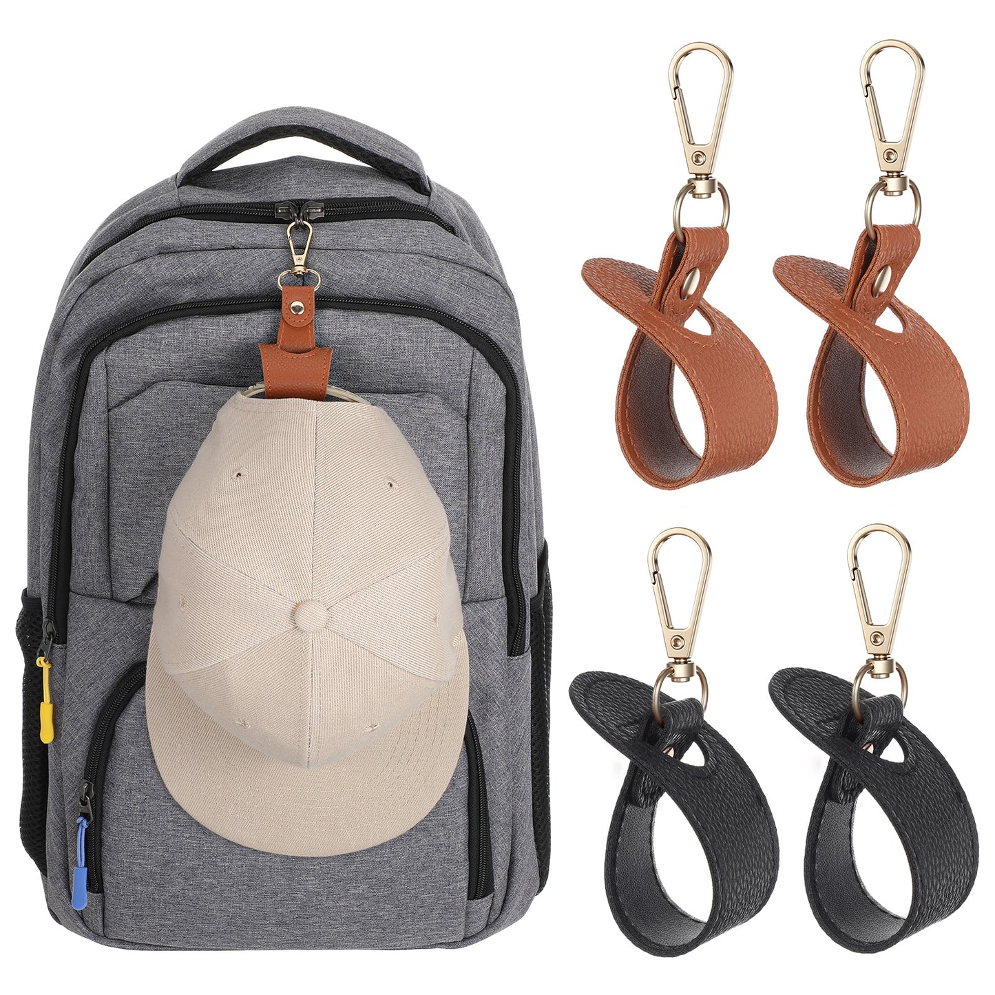 Mabor 4Pcs Travel Hat Clip, PU Leather Hat Holder for Purse Hands-Free Bag Accessory for Traveling Bags Backpacks Sling Bag Purses Luggage Outdoor Travel Accessory
