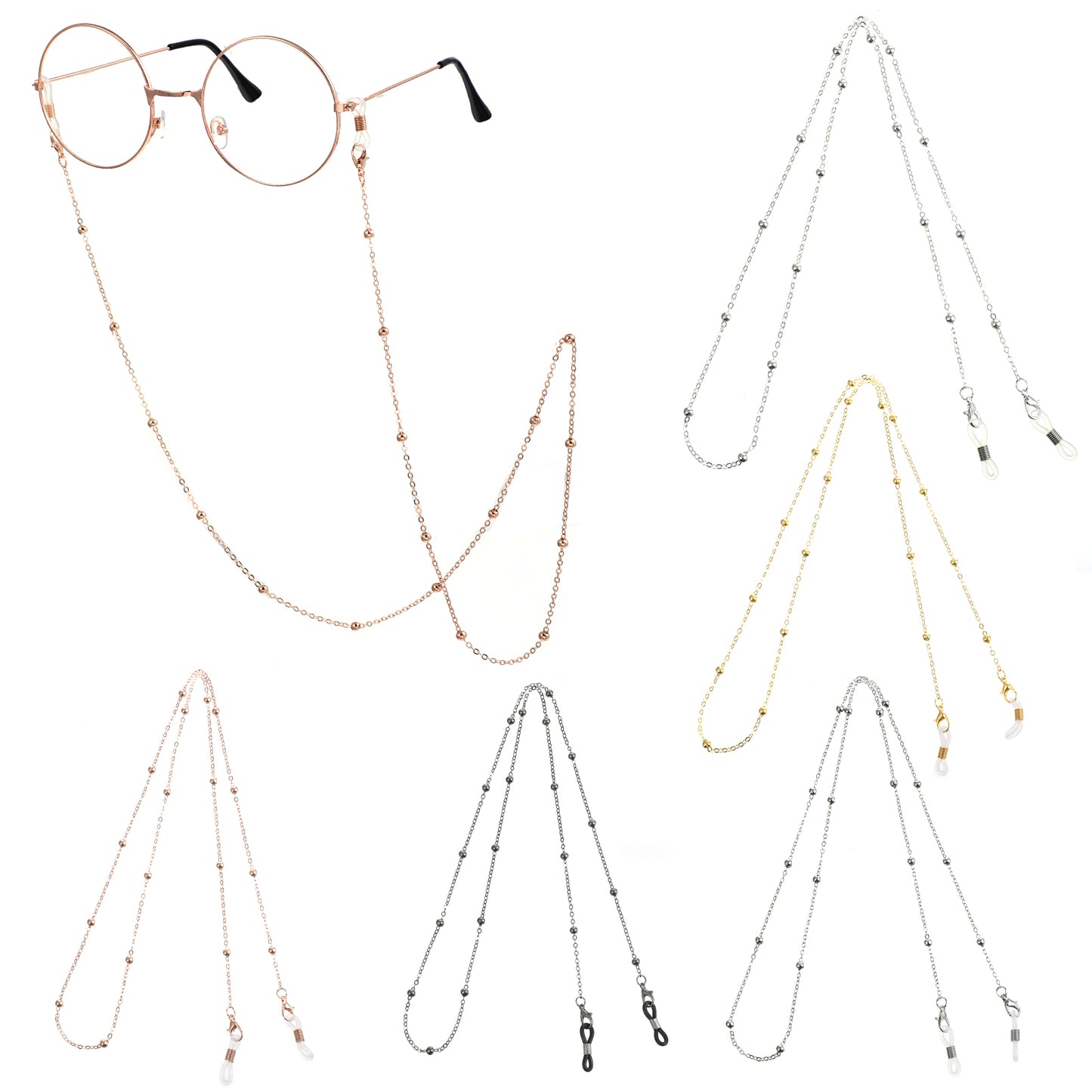 Teaaha 5PCS Glasses Chain Shiny Eyeglasses Strap Lanyard, Hypoallergenic Sunglass Chains String Eye Glasses Holders Around Neck for Women(Rose Gold, Silver, White K, Imitation Gold, Black)