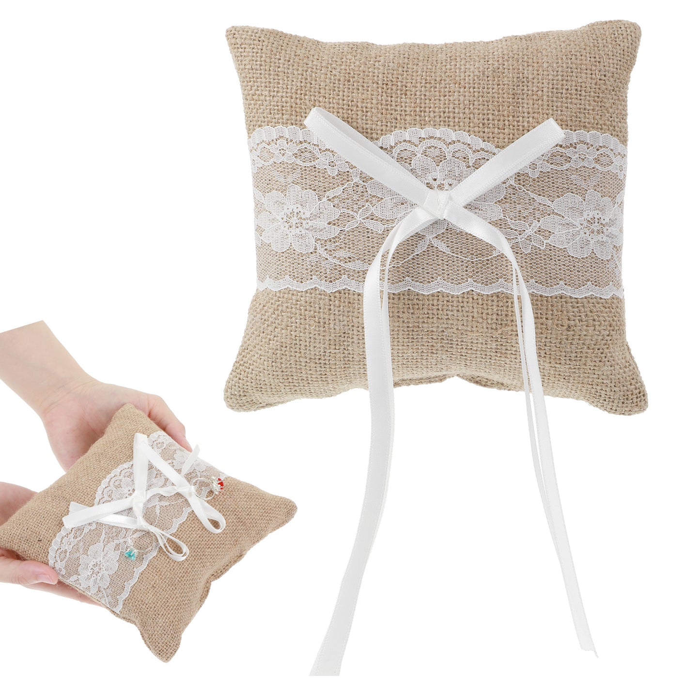 Nogeqi Ring Bearer Pillow, Wedding Ring Bearer, Flax Lace Ring Pillow for Ring Bearers, Wedding Ring Pillows for Ceremony Wedding Party Anniversary(Vintage Style)