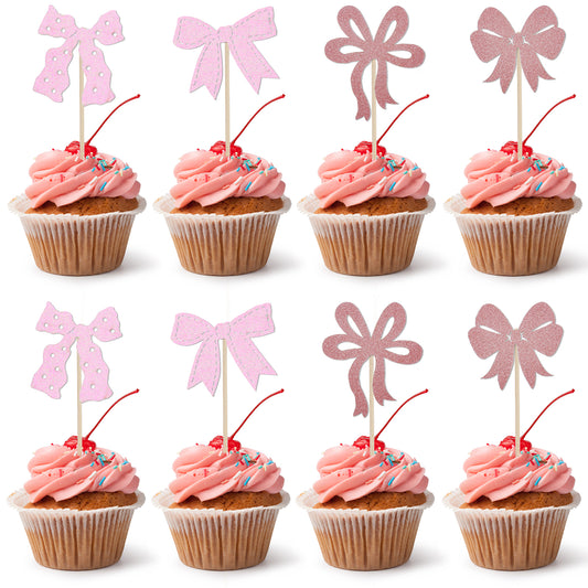 24 Pcs Pink Bow Cupcake Toppers Bow Cake Topper Pink Bows for Cake Happy Birthday Bowknot Cupcake Picks for Coquette Bows Theme Party Decoration Wedding Baby Shower Bachelorette Party