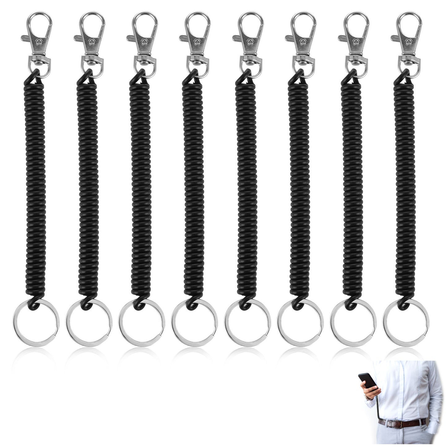 Ouligay 8Pcs Retractable Spring Coil Keychain, Coiled Lanyard With Keyring Lobster Clasp, Anti-Lost Stretch Cord Safety Key Chain for Wallet Chain, Keys, Cellphone (Black)