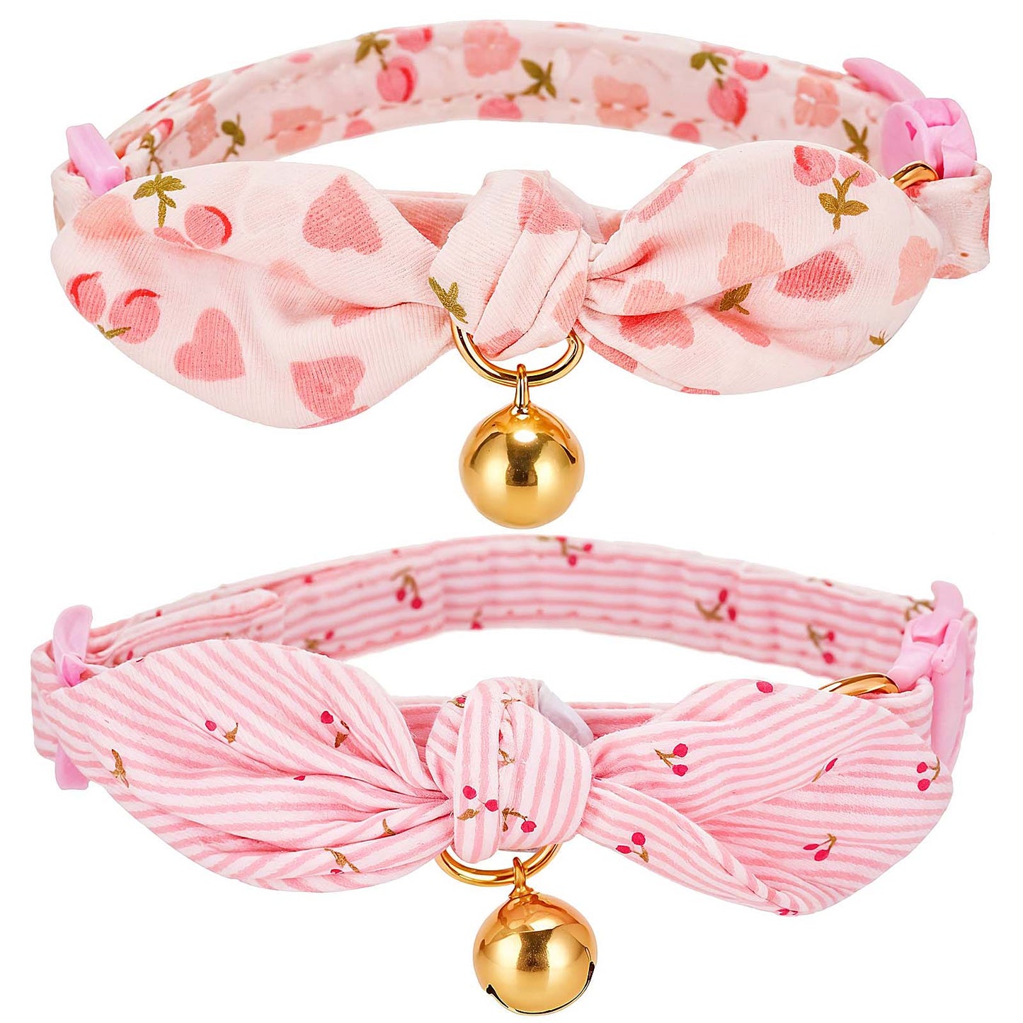 2 Pack Cotton Breakaway Cat Collars Bell Pink Cat Collar with Bells Pendant, Cute Girl Cats Kitten Collar with Removeable Bow