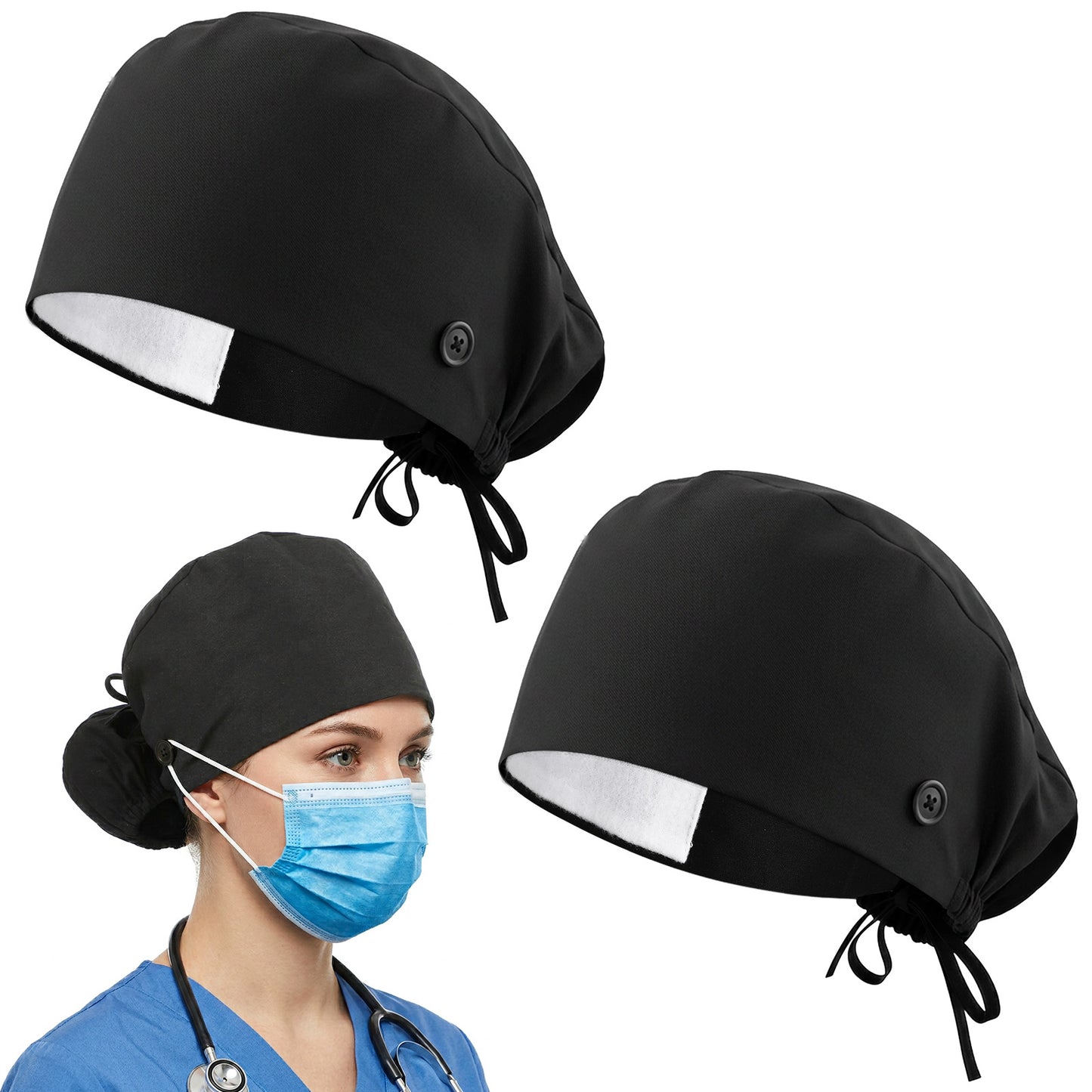 RAHHLIZS 2pcs Adjustable Working Cap with Button Back Elastic Hat Scrub Caps Unisex Tie Sweatband Bouffant Bandage Cap Black