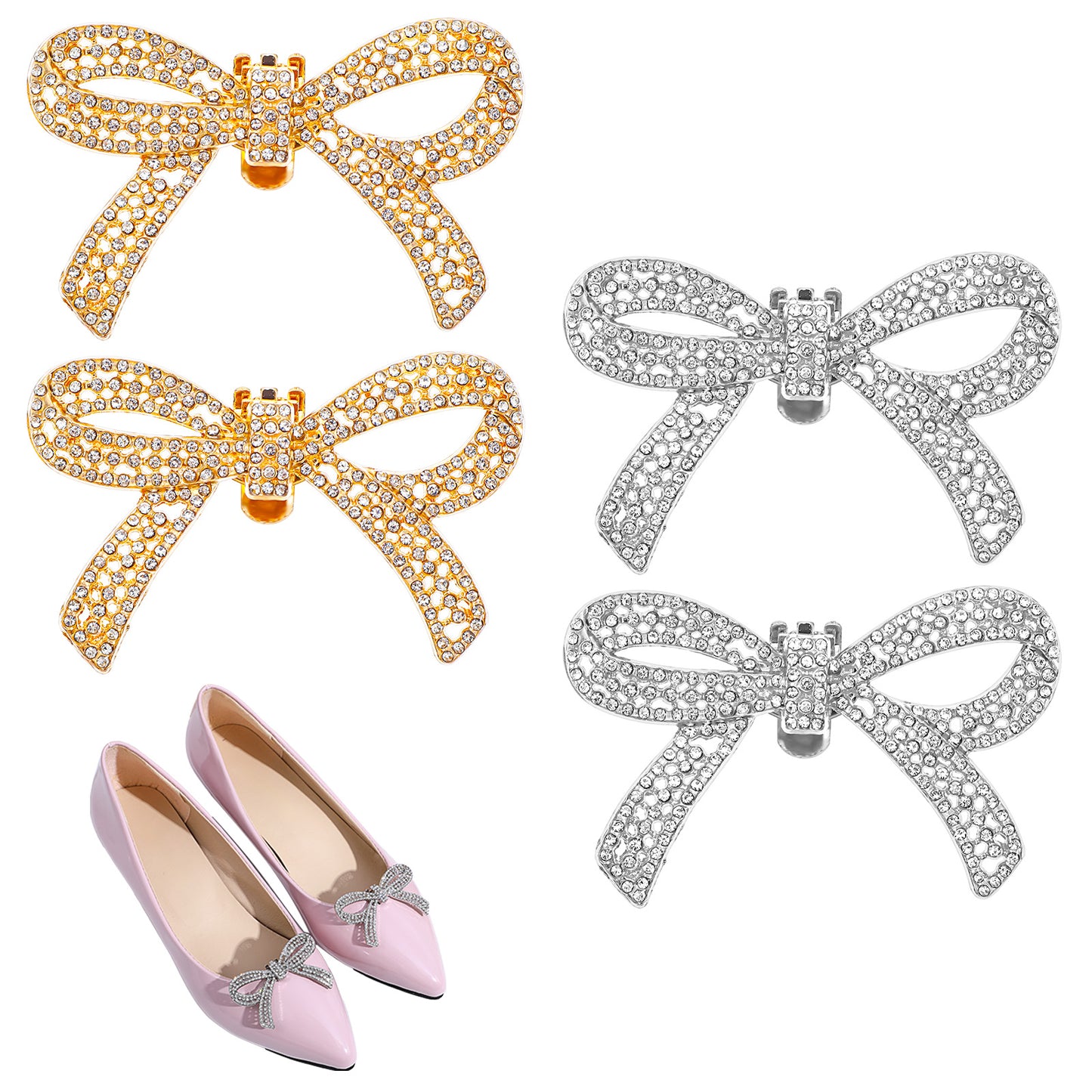 Mabor 4 Pcs Rhinestone Shoe Clips, Detachable Shoe Clips Bow Classic Fashionable Sparkling Bow Heels Shoe Charms Bridal Wedding Party Crystal Shoe Buckles