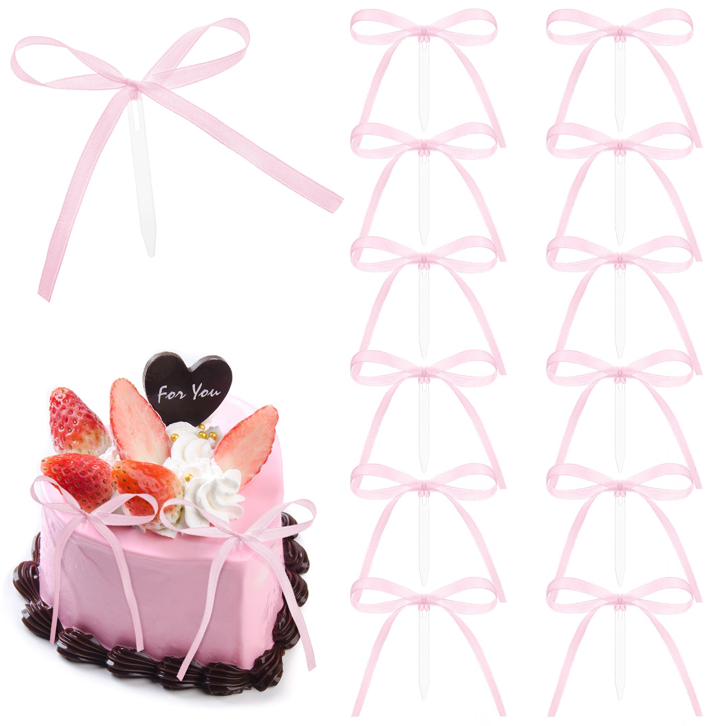 12PCS Birthday Cake Toppers Pink Bow Ribbon Cake Toppers Satin Bowknot Topper Party Cakes Decorations for Wedding Bridal Baby Shower Bachelorette Party Supplies