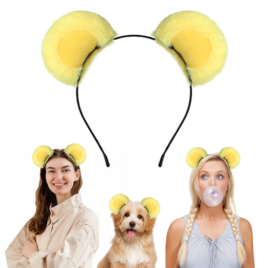 Tyqour Bear Ears Cute Headband, Yellow Bear Costume Adult, Halloween Headband, Fluffy Animal Ears for Makeup, Party, Cosplay, Face Washing, Gift