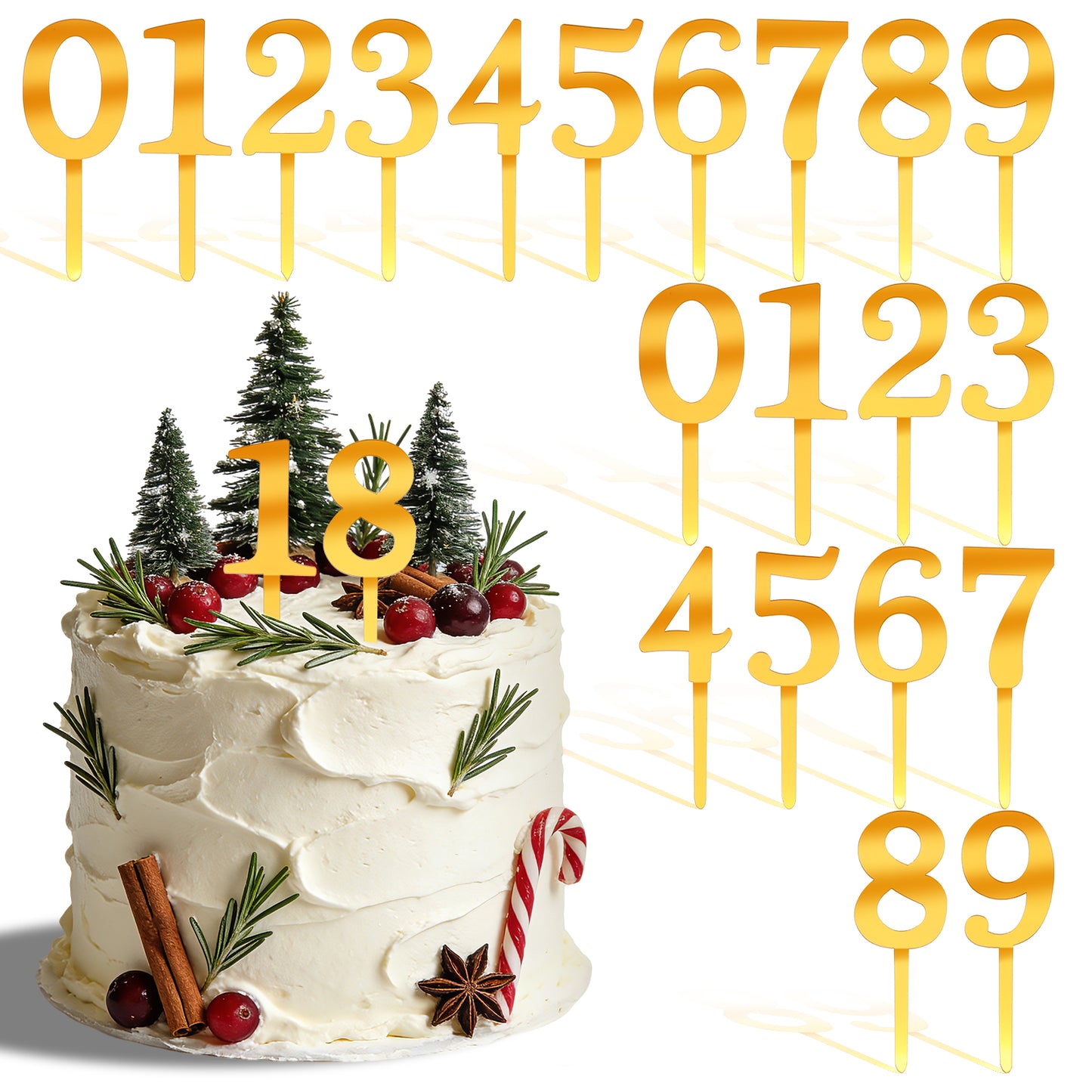 Nogeqi 20 Pcs 0-9 Number Gold Happy Birthday Cake Topper, Shiny Gold Acrylic Cake Decorations For All Ages Birthday Party Wedding Anniversary