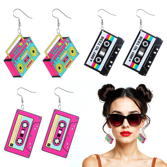 Tyqour 3Pairs 80s Earrings for Women Vintage Cassette Tape Earrings Retro Drop Earrings Geometric Dangle Earrings for 80's Outfits Cosplay Glow Party Music Party 70s 80s 90s Accessories