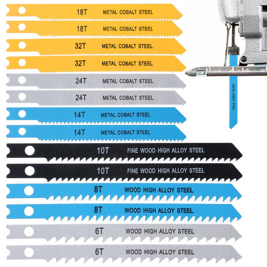14Pcs U-Shank Jig Saw Blade Set for Wood Plastic Metal Compatible with 90% Power Jig Saws, Jigsaw Blades U Shank Includes 6T 8T 10T 14T 18T 24T 32T
