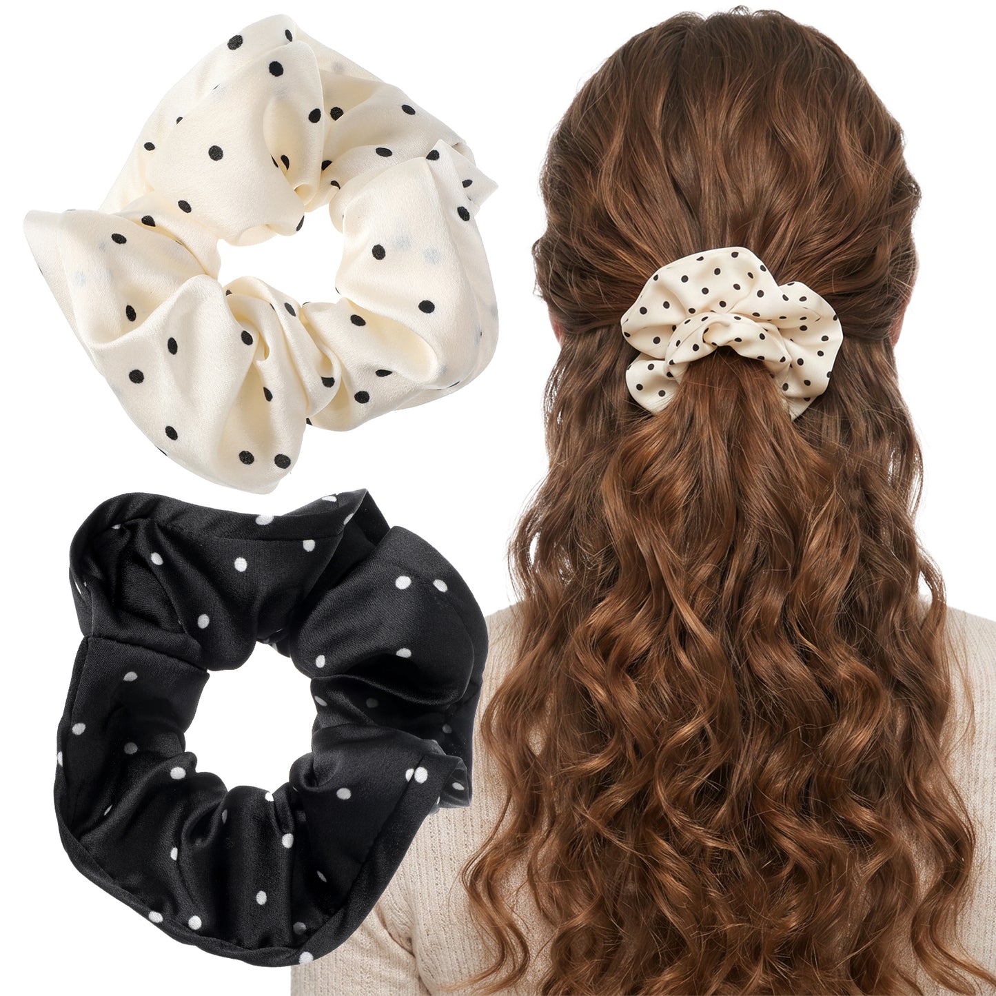 2 Pcs Large Hair Scrunchies for Women, Ymapinc Polka Dot Hair Accessories, Soft Silk No-Damage Sleep Scrunchies for Thick Long Hair Styling