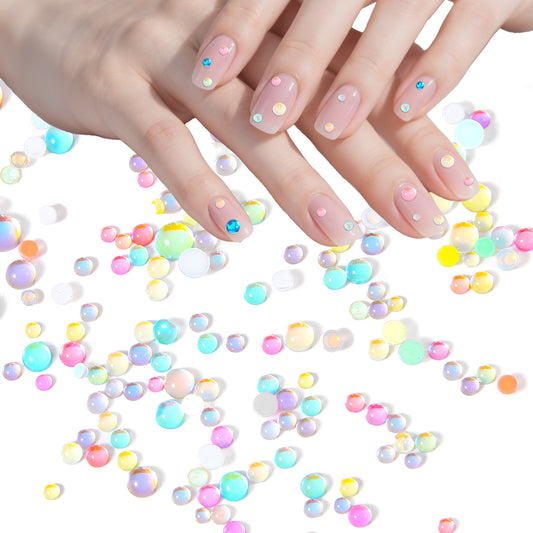 200pcs Colorful Bubble Beads,Mermaid Nail Charms,Aurora Pearls Candy Caramel Stone, Ab Color Imitation Half Round Pearls Bead Loose Beads Gems,Mix Beaded Nail Art Bead Blend Size for Nails Small Glas