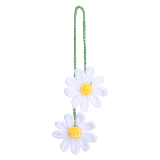 Ymapinc Crochet Daisy Flower Rearview Car Hanging Accessories, Rear View Mirror Cute Decor for Women Girls, Handmade Knitted Accessory, Aesthetic Decoration (Cotton White)
