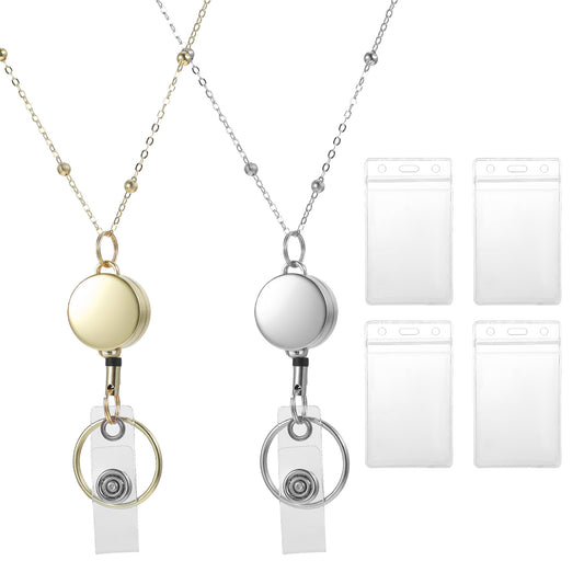 2 Pcs Badge Holder Necklace Lanyard Work Lanyards for ID Badges for Women with Waterproof ID Card Buckle and Holders Necklace Retractable Reel Clip Chain Sutable Teacher Key Bank Cards Gold Silver