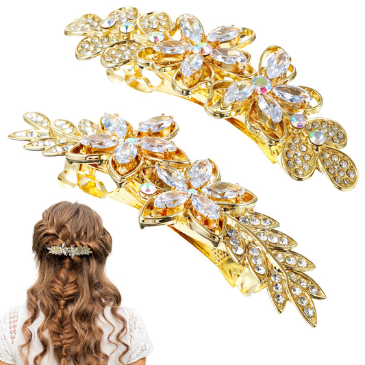 2 Pcs Gold Hair Accessories For Braids,Sparkly Rhinestone Hair Clips For Women,Gold Flower Hairs Clip,Crystal Leaf French Bridal Hairs Clips And Pins For Wedding,Vintage Accessories For Bride