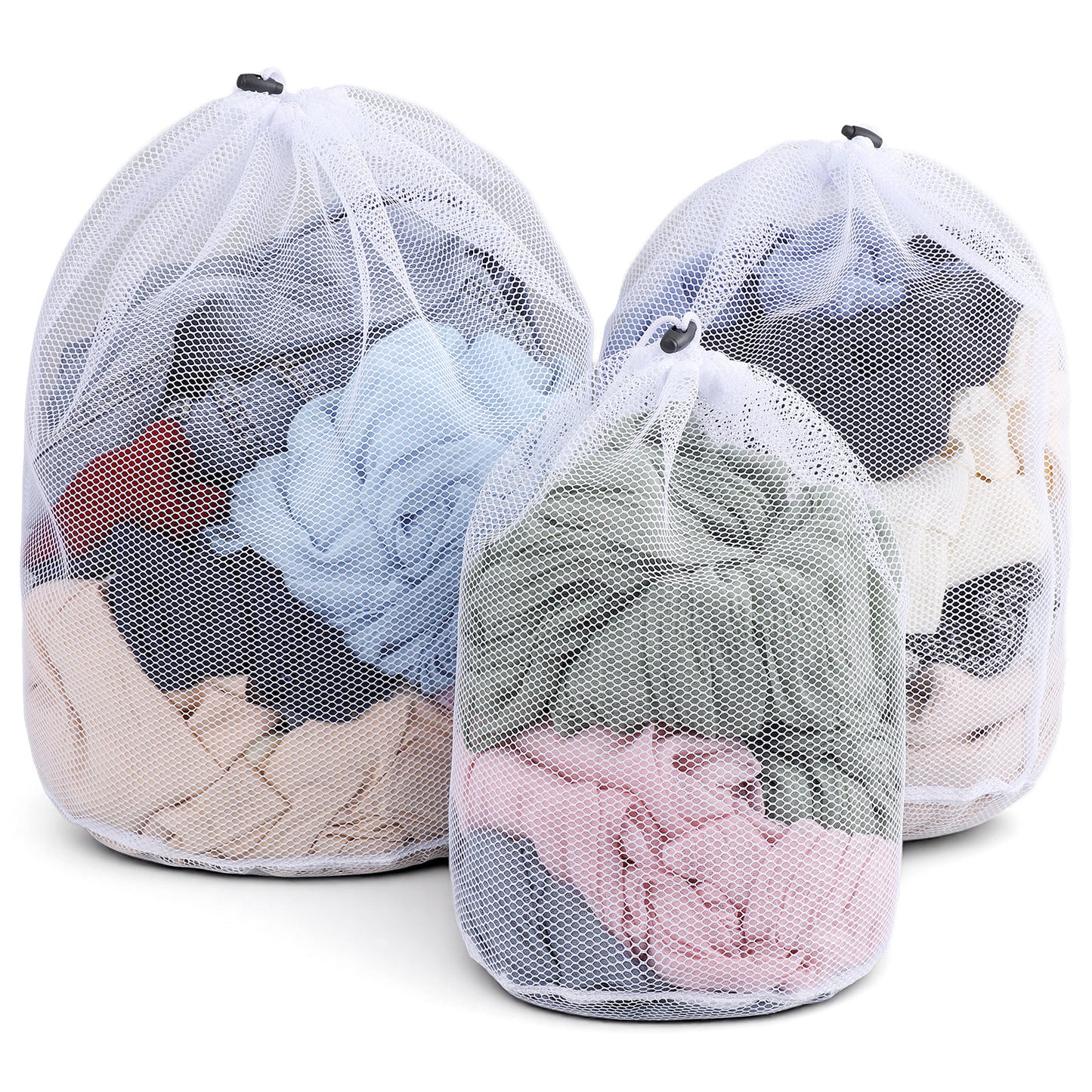 Ouligay 3Pcs Durable Mesh Laundry Bags for Washing Machine, 12x16in/16x20in/20x24in Travel Mesh Laundry Wash Bags with Drawstring, White Drawstring Garment Bag for Home Dorm Hotel Travel Use