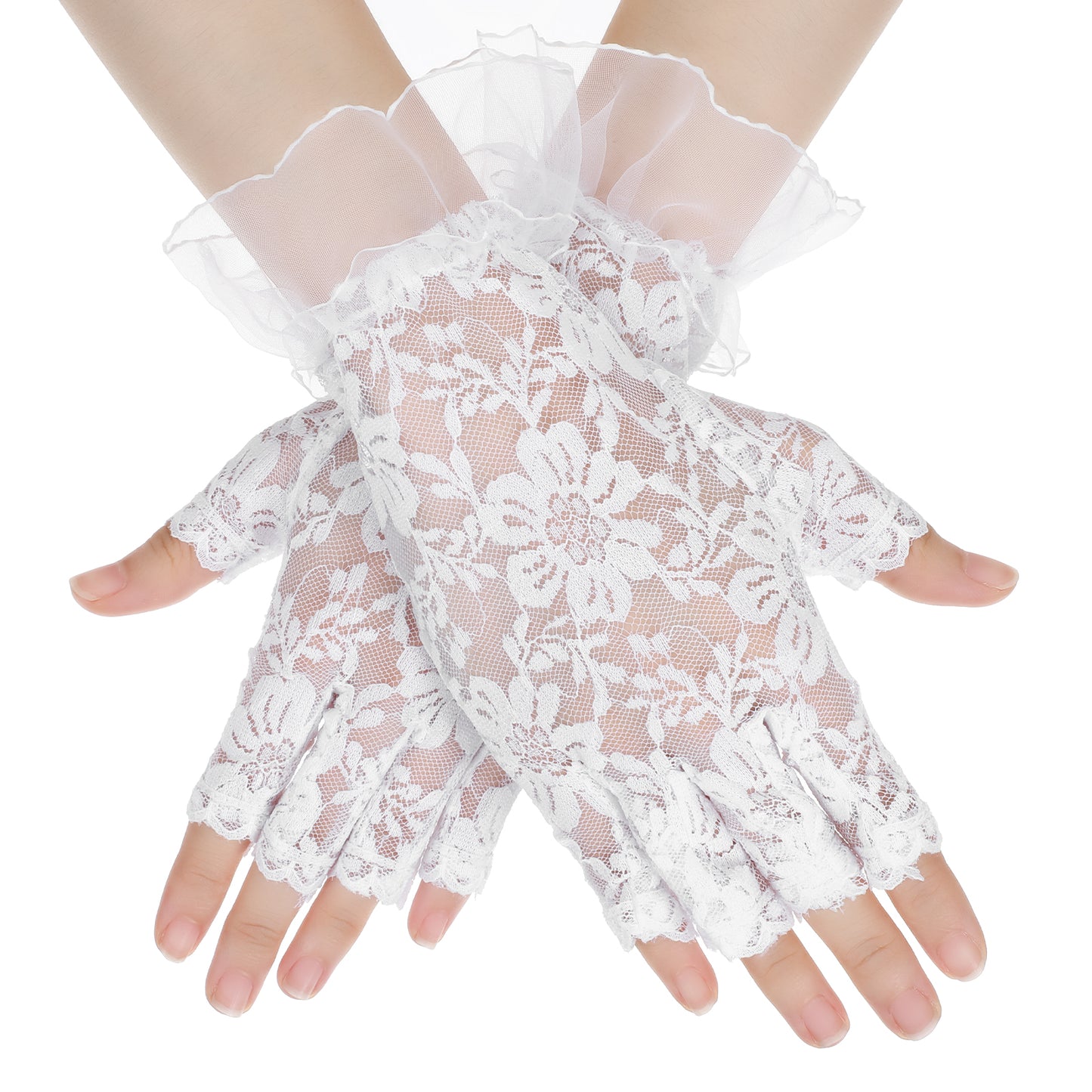 Xinjoduz 1 Pair White Lace Gloves for Women, Womens Short Floral Fingerless Gloves for Women(White)
