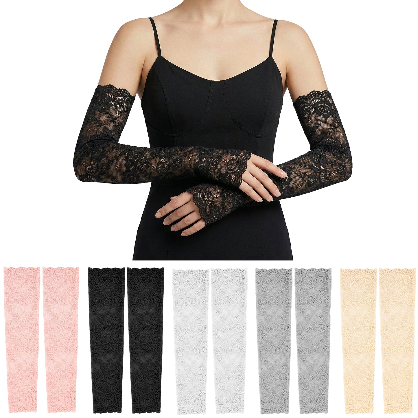 Bremorou Lace Arm Sleeves for Women, Black Lace Fingerless Floral Pattern Sleeves, Elbow Length Arm Warmers for Tea Party, Wedding, Cosplay, and Prom