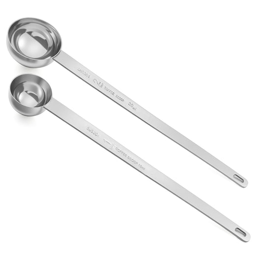 2 Pcs Coffee Scoop Set 1 Tbsp & 2 Tbsp Coffee Stainless Steel Long Handle Measuring Spoons Tablespoon for Ground Coffees Tea Spices Multi-Purpose Kitchen Tools Women Mother Dishwasher Safe Silver