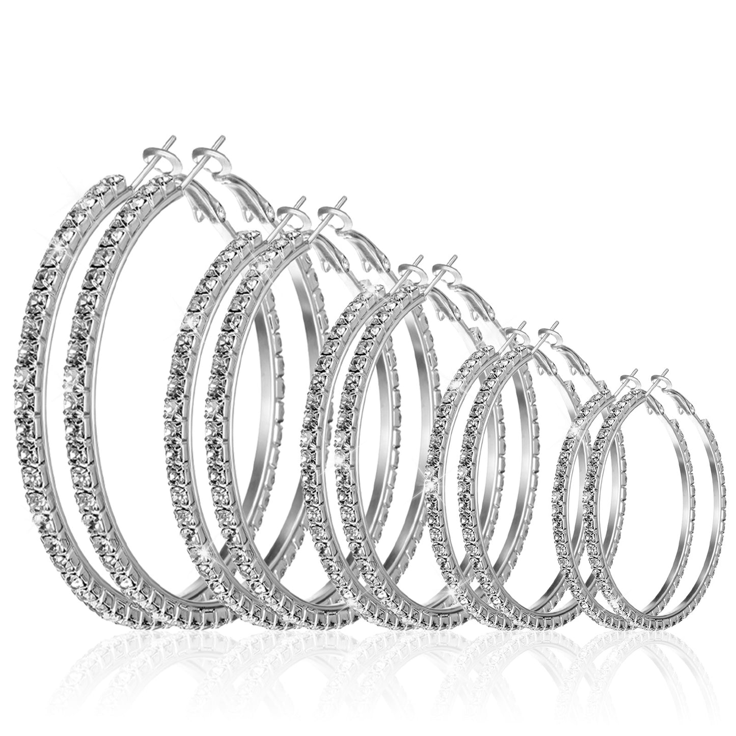 Nogeqi 5 Pairs Rhinestone Hoop Earrings Set. Sparkly Crystal Silver Hoop Earrings for Women Shiny Large Round Earring Hoops for Wedding Party Prom Outfit Jewelry Accessories Gift, 3/4/5/6/7cm