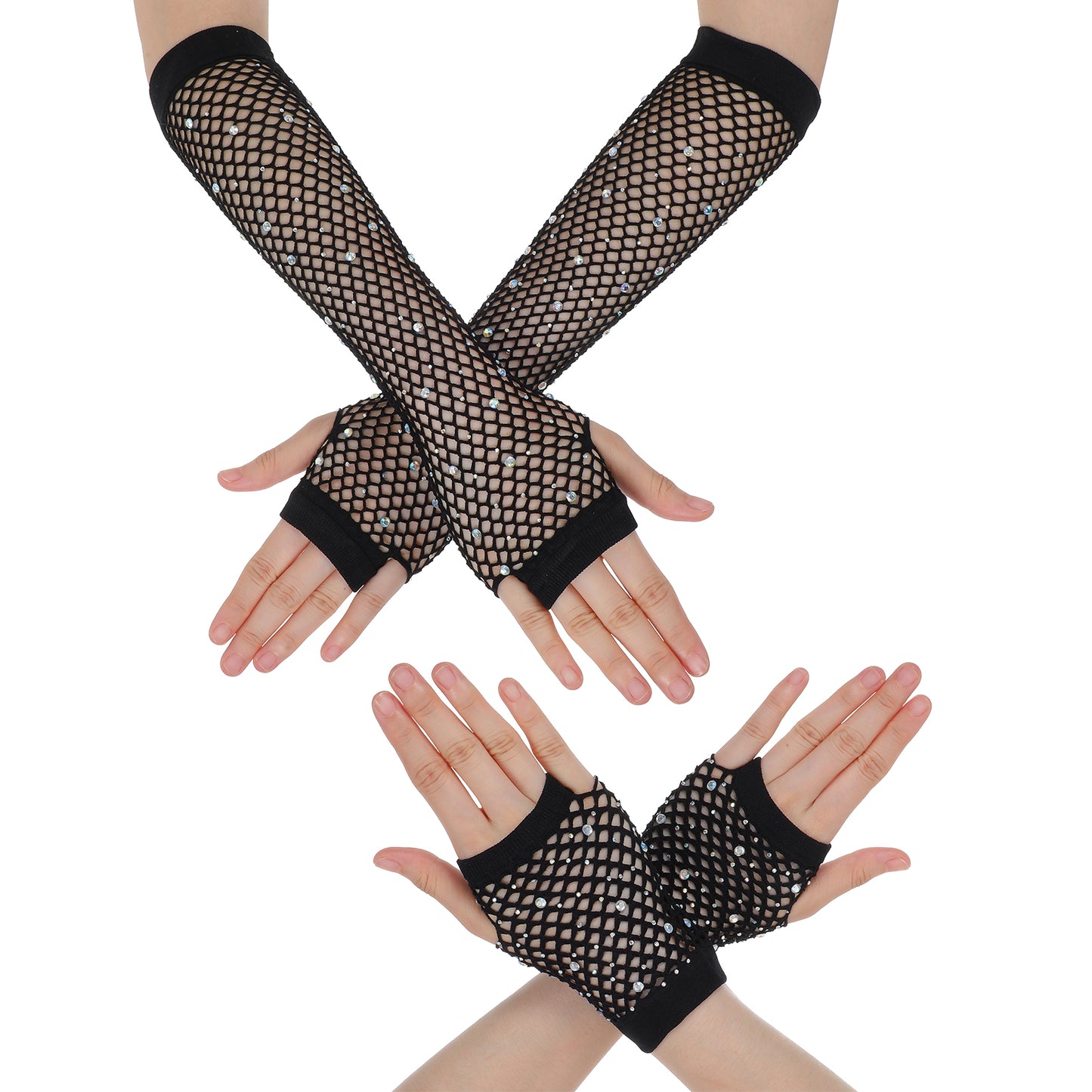 Matwsec 2 Pairs Fishnet Gloves Short Fingerless Gloves Wiyh Rhinestone for 80s 90s Party Cosplay Halloween Costumes Accessories