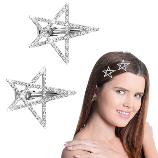 2 Pcs Star Hair Pins Sparkly Rhinestone Crystal Hairstyle Bang Clips Non-Slip Hollow Barrette Accessories for Long Short Straight Curly Hair Women Silver 2×1.7 Inch Sweet Cool Style Gifts