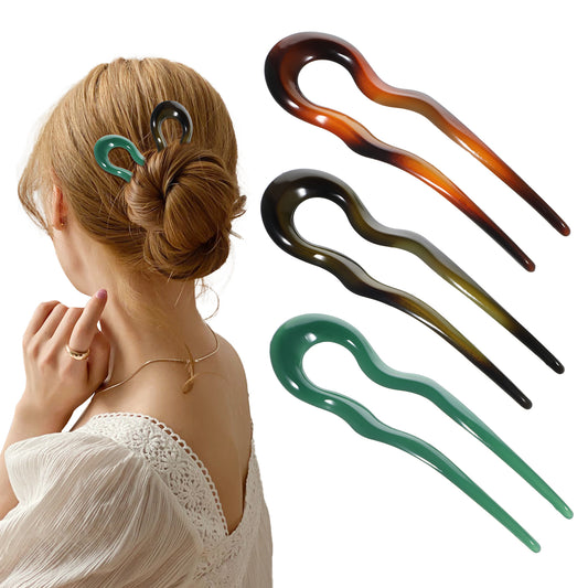 Ymapinc 3Pcs French Hair Pins, U Shape Wave Hair Clips for Thick Soft Hair, Work Shopping Weddings Parties Daily Wear Mother's Day Gift(PC, Dark Green, Jade Green, & Orange Yellow)