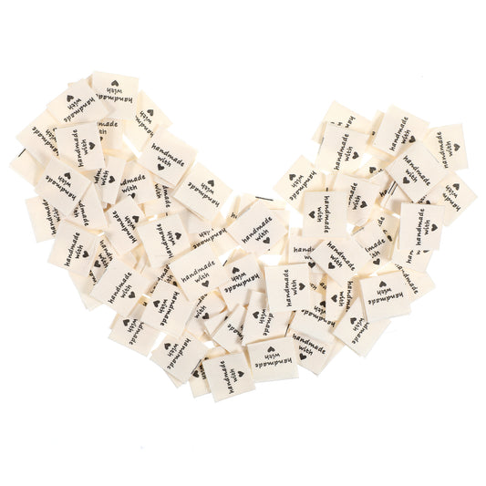 Ymapinc 100 Pcs Handmade Labels, Made with Love Labels, Sewing Labels for DIY Crafts Knitting Crocheting Sewing Fabric Labels, Handmade with Love Stickers (4x2cm, Beige)