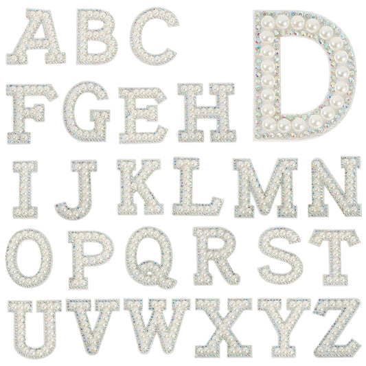 26PCS Pearl Iron on Letter Patches, Self Adhesive Rhinestone Alphabet A-Z Embroidered Applique Patches Stickers, Stick on Letter Patches for Sweatshirts Skirts Hats Socks Jeans DIY Accessories(White)