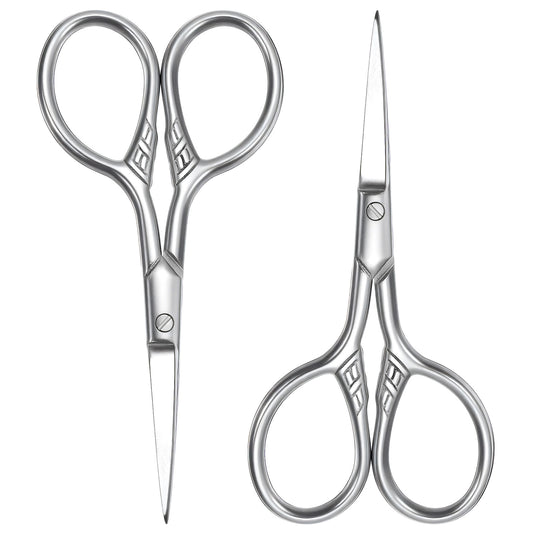 2 Pcs Facial Hair Scissors Professional Small Eyebrow Scissors Stainless Steel Precision Trimmer for Nose Ear Beard Mustache with Textured Anti-Slip Handle Mini Grooming Tool for Women Men