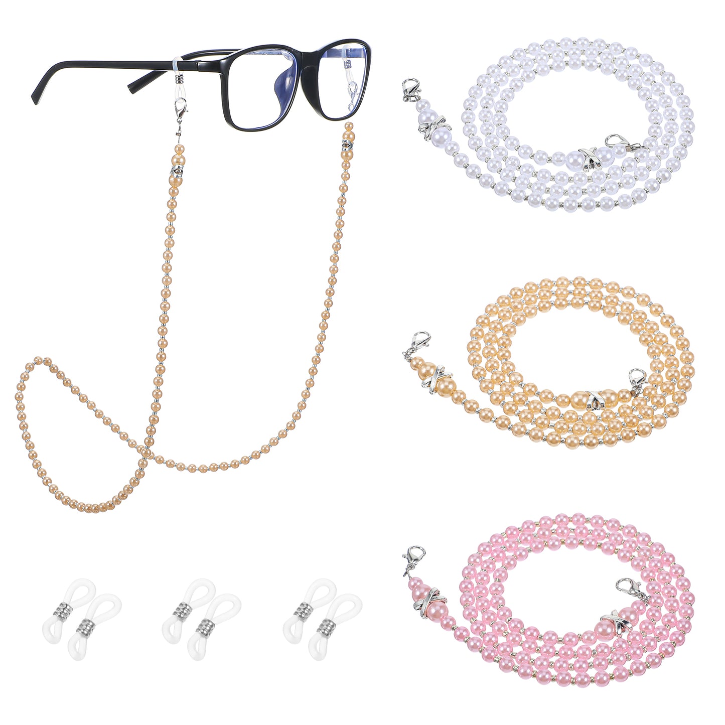 Matwsec 3PCS Beaded Eyeglasses Chain for Women, Pearl Eye Glasses Holders Around Neck, Face Masks Lanyard Chain Sunglasses Lanyard Chains Glasses Strap Eyewear Retainer (White, Pink, Brown)