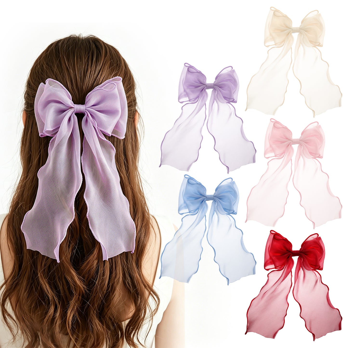 5 Pcs Large Hair Bow Clips for Women Long Big Hair Bows Oversized Ties Barrettes With Long Tail Girls Polyester French Ribbon Clips for Wedding Holiday Birthday Gifts (Off White, Blue Pink Purple Red)