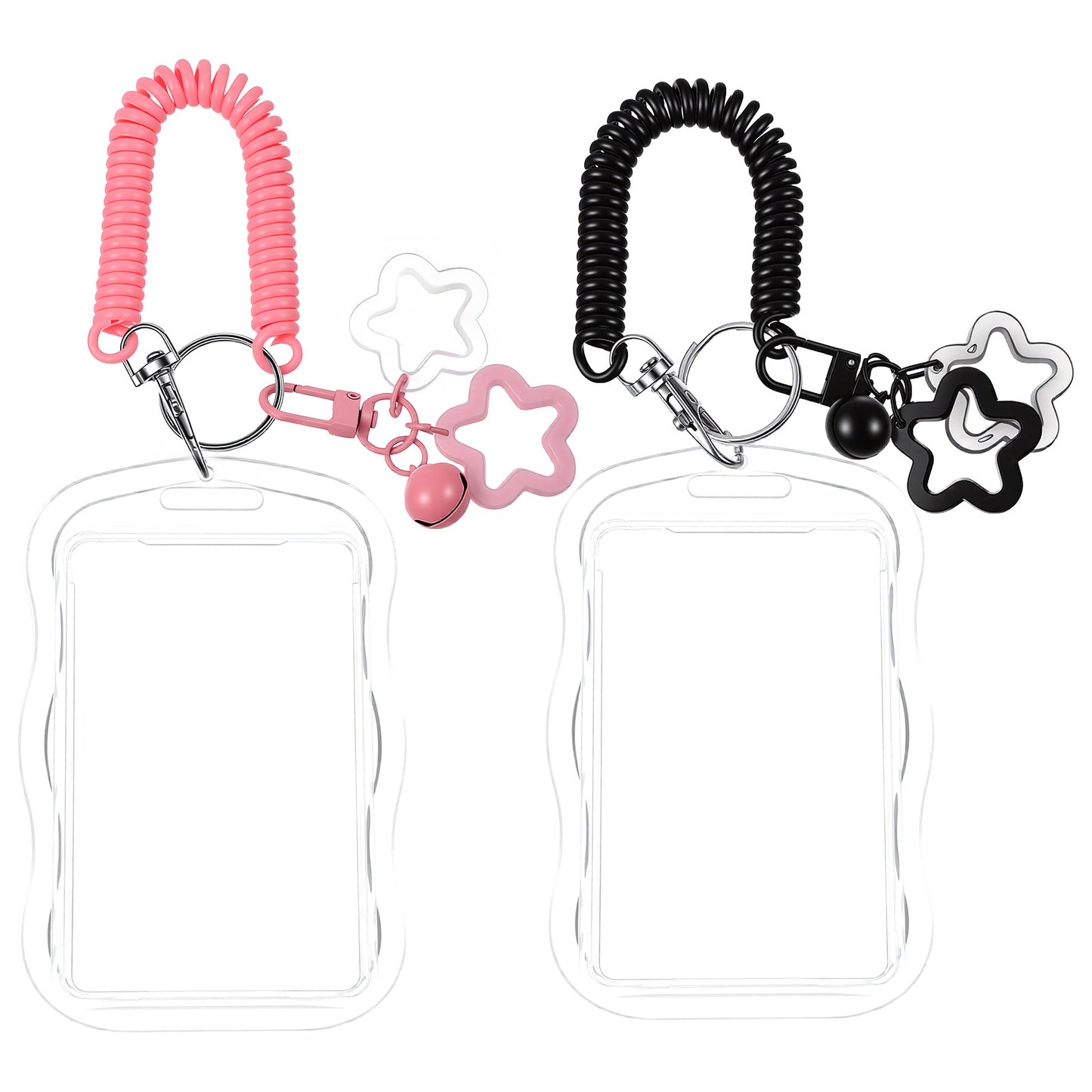 Nogeqi 2 Pcs Cute Photocard Holder Keychain, Star Photo Card Holder Creative Photocard Keychain, Transparent Pc Holders for Bus Student Card, Photo Protector (Black and Pink)