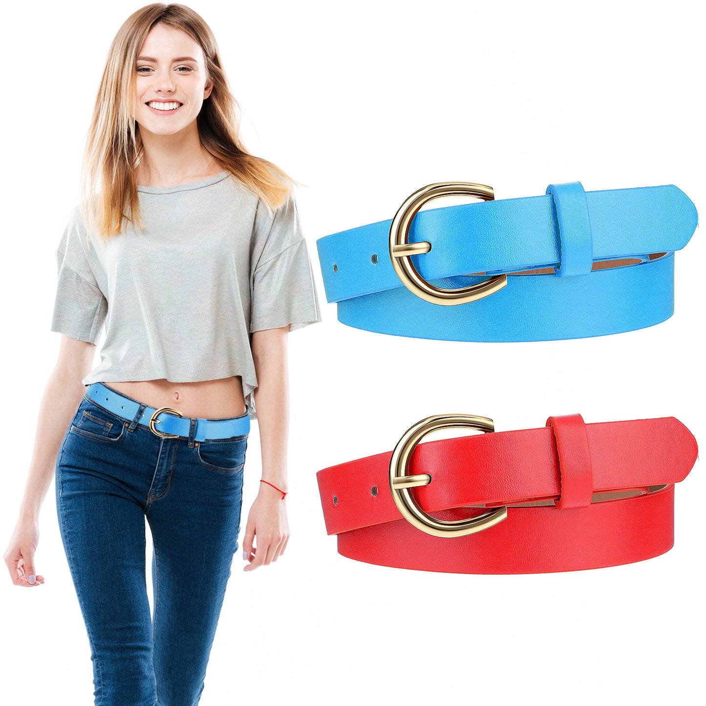 2 PCS Girls Belt 32.3" Elastic Leather Kids Belt, Exquisite Comfortable Skinny Strappy Waist Belt with Double O Ring Buckle (Blue/Red)
